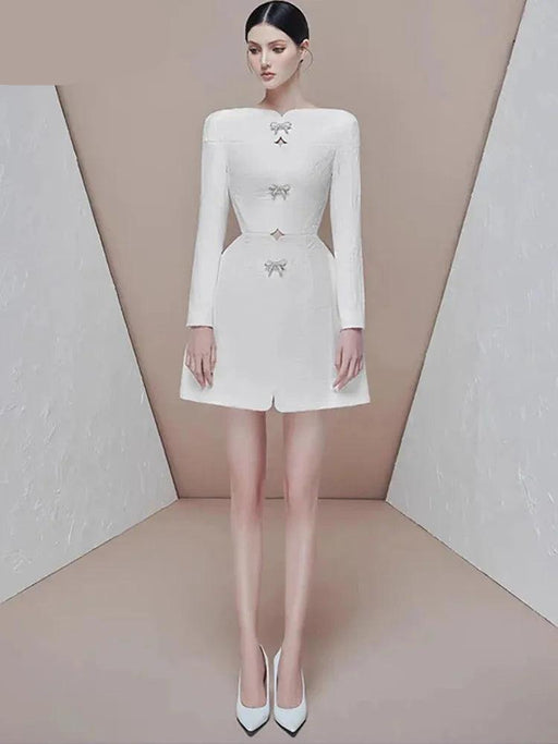 Glamorous White Dress with Rhinestone Accents, Bow Detail, and Slash Neck for Women - Summer 2024 Collection