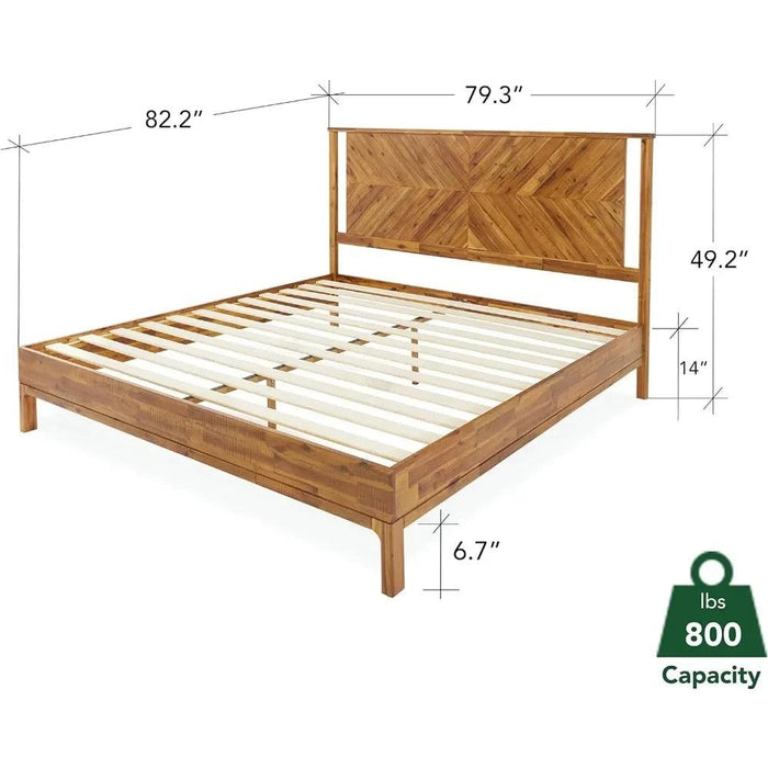 Rustic Golden Brown Acacia Wood Queen Bed Frame with Herringbone Headboard