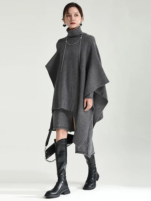 Trendy Women's Asymmetrical Gray Knit Turtleneck Dress - Loose Long Sleeve for Spring & Autumn 2024