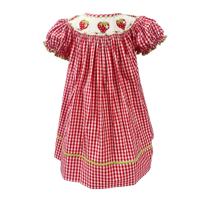 Adorable Handmade Strawberry Embroidered Summer Dress Set for Girls - Trendy Red Plaid Bubble Sleeve Outfit with Chic Split Design