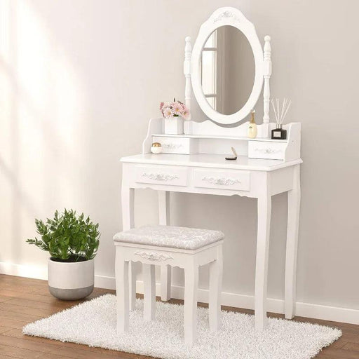 Chic White Vanity Set with Adjustable Mirror and Ample Storage Drawers