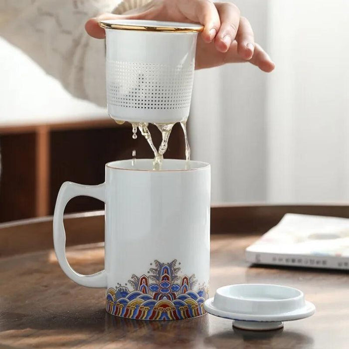 Elegant White Ceramic Tea Infuser Mug with Built-in Strainer and Lid for Ideal Tea Brewing Experience