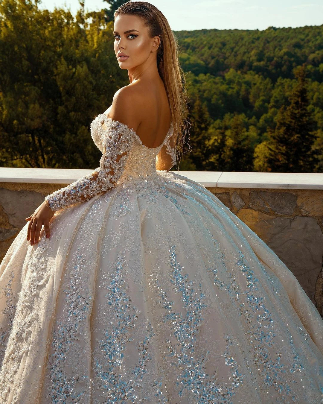 Off The Shoulder V-Neck Long Sleeve All Over Shiny Beaded Sequins Princess Ball Gown