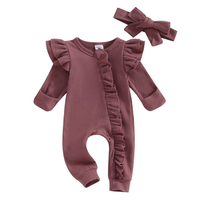 Autumn Ruffled Baby Girl Jumpsuit with Matching Bow Headband - Cozy Solid Color Romper for Newborns 0-12 Months