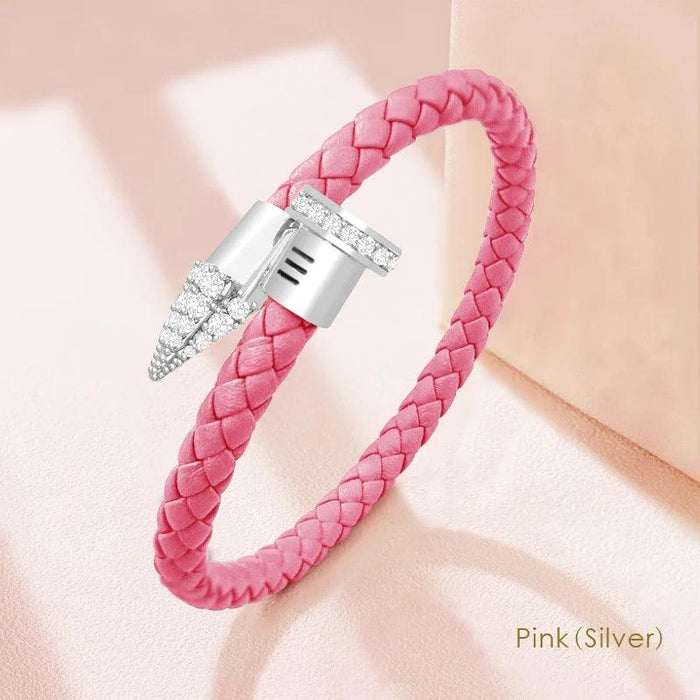 Chic Customizable Leather Nail Bracelet with Dazzling Zirconia - Stylish Women's Accessory