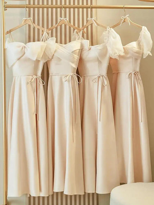 Charming Off-Shoulder Champagne Satin Bridesmaid Dress with Adjustable Lace-Up Back