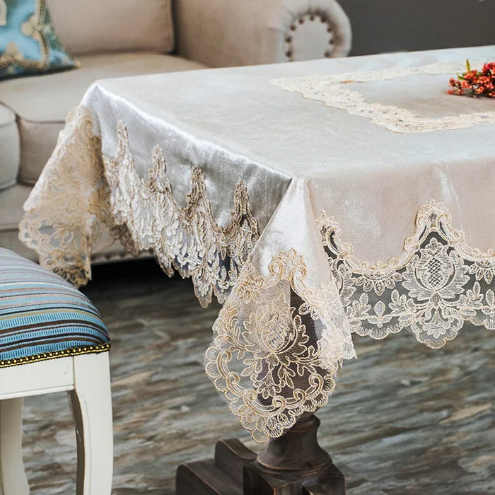 Luxurious White Gold Velvet Table Cover with Lace Detailing - Exquisite Dining Room Style