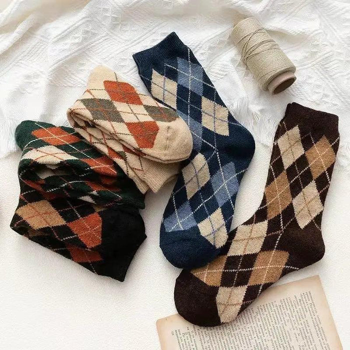 Vibrant Argyle Geometric Socks for Men - Set of 5 Cozy Combed Cotton Winter Essentials