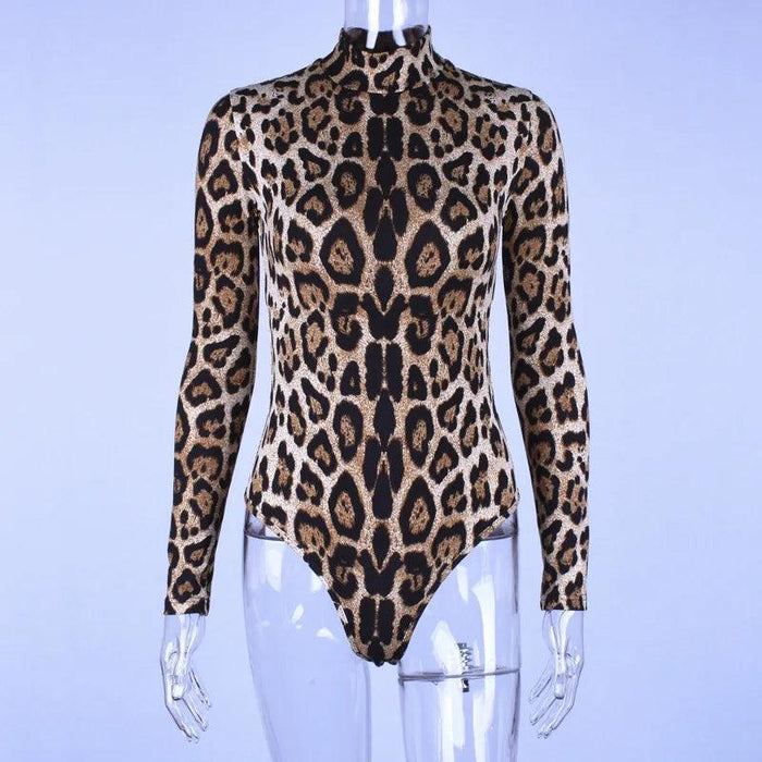 Leopard Print Long Sleeve Turtleneck Bodysuit for Women with Gloves - Slim Bodycon Rave Outfit for Autumn