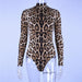 Leopard Print Long Sleeve Turtleneck Bodysuit for Women with Gloves - Slim Bodycon Rave Outfit for Autumn