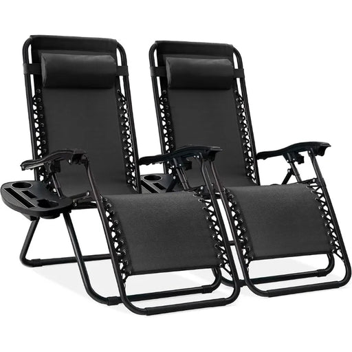 Adjustable Steel Mesh Zero Gravity Lounge Chair Set - Set of 2 Recliners with Pillows, Cup Holders, and Tray, Black