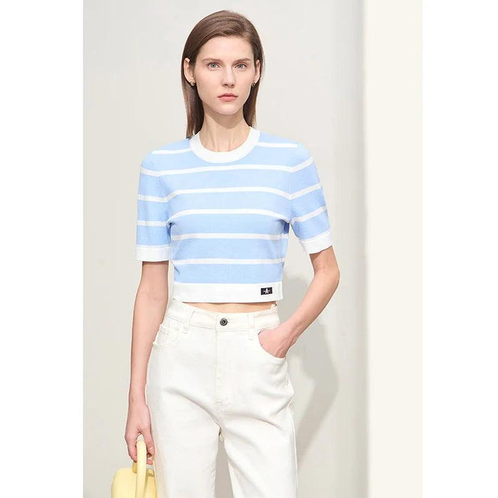 Chic Striped Summer Knit Blouse for Women - Short-Sleeve Slim Fit