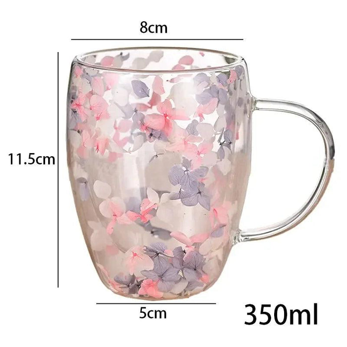 Elegant Double Walled Floral Glass Mug - High Borosilicate Coffee and Tea Cup with Handle