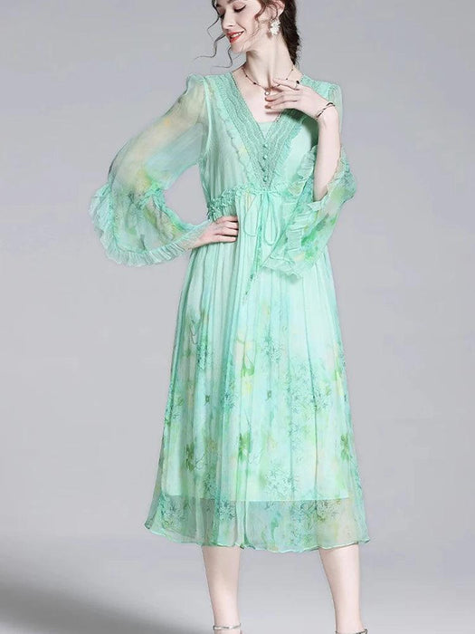 Elegant A-line French Silk Dress with V-neck and Flared Sleeves