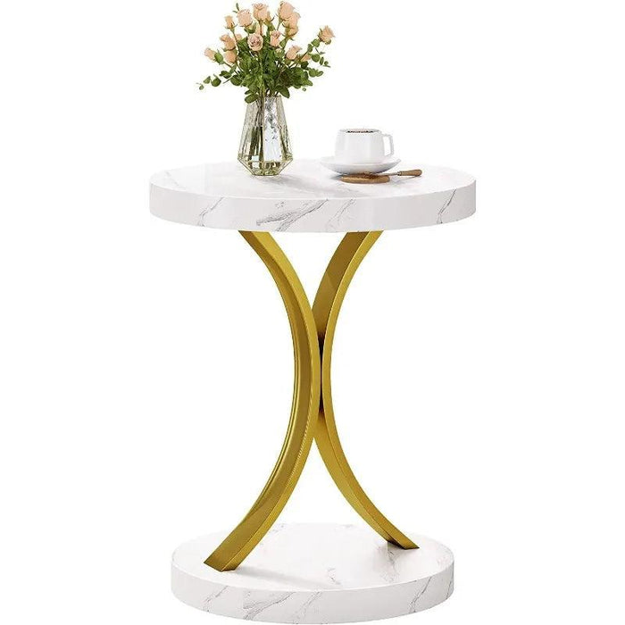 Chic Gold and White Faux Marble Side Table with Modern C-Frame Design