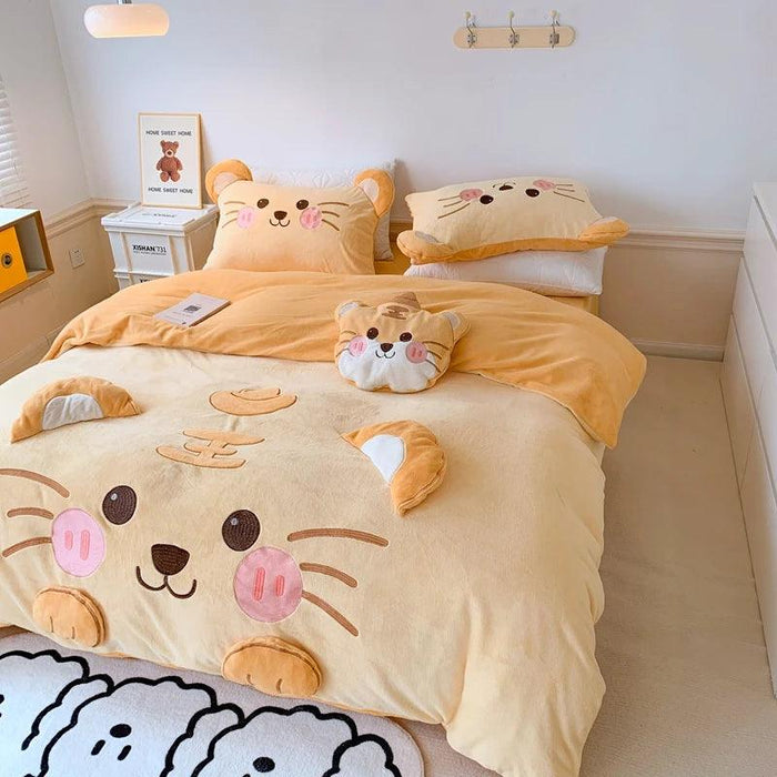 Adorable Cartoon Tiger Plush Kids Bedding Set - Cozy Winter Duvet Cover, Fleece Bed Sheet & Pillowcases