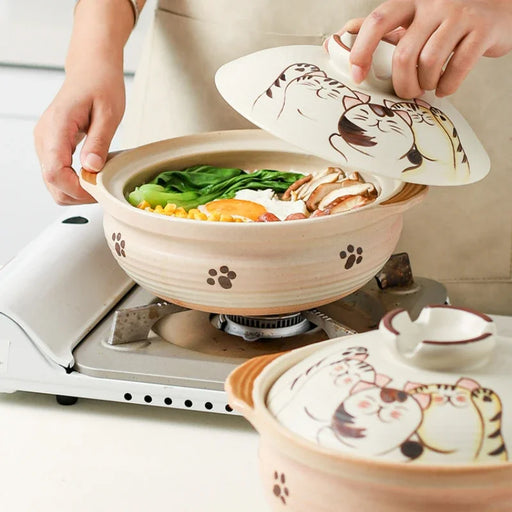 Anti-hot Japanese Cat Ceramic Stew Pot with Double Ear Handle