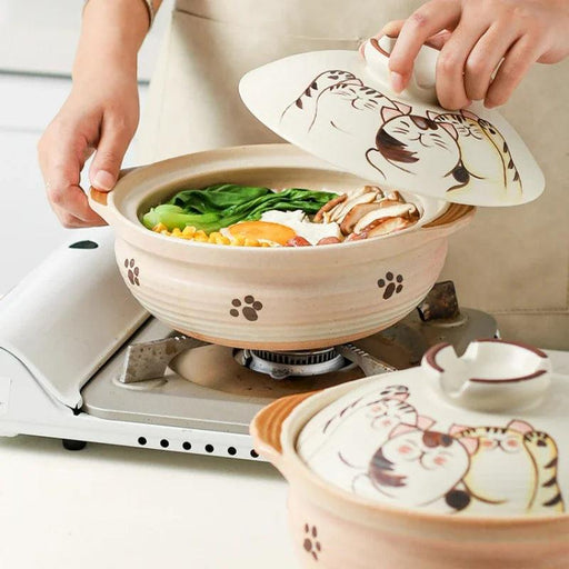 Elegant Japanese Cat-Themed Ceramic Stew Pot with Comfortable Double Ear Handles for Gourmet Cooking