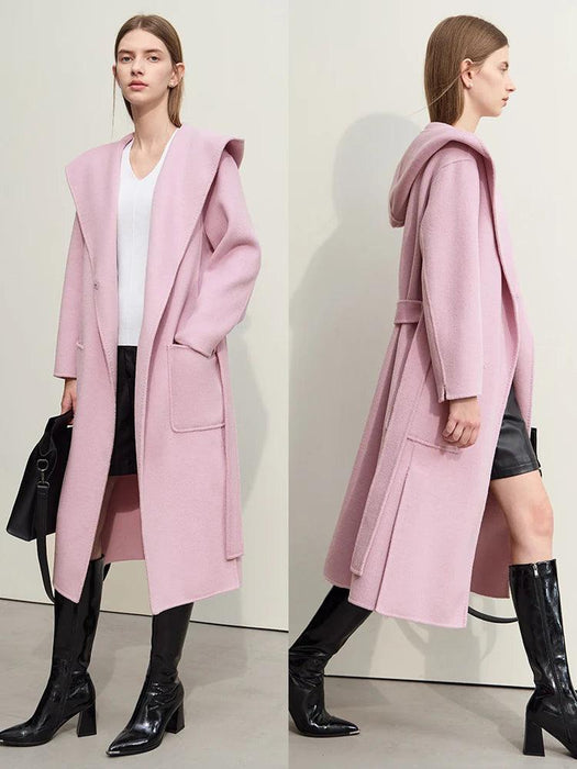 Chic Women's Double-Sided Hooded Wool Overcoat with Split Belt