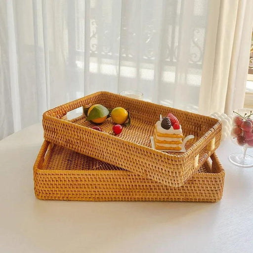 Artisan Woven Rattan Storage Tray for Fruits, Vegetables, and Tea