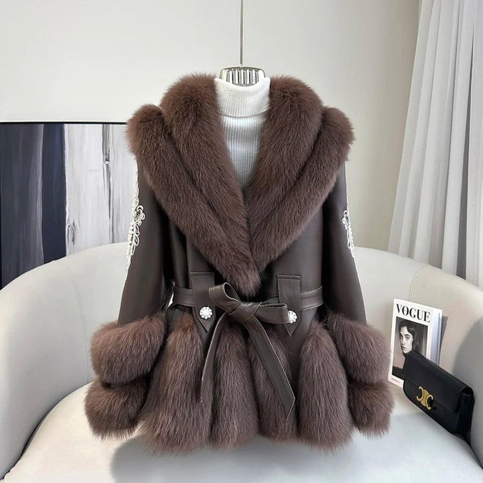 Luxurious V-neck Fox Fur and Sheepskin Winter Coat