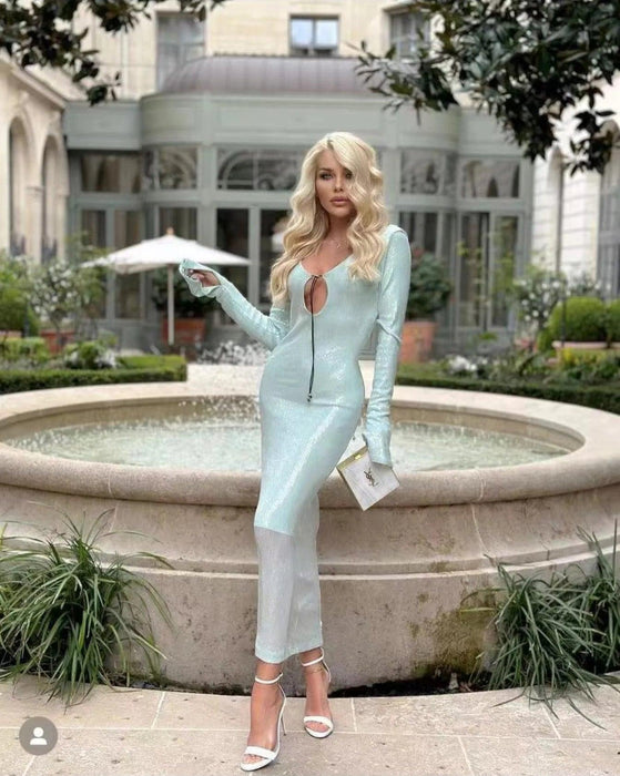 Sparkling Mint Green Long Sleeve Maxi Dress - Elegant Evening Gown for Women