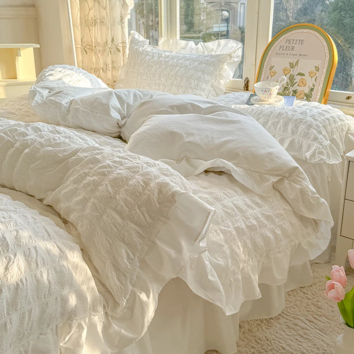 Luxe Korean Princess Lace Ruffle Bedding Ensemble with Duvet Cover, Bed Sheet, Skirt, and Pillowcases