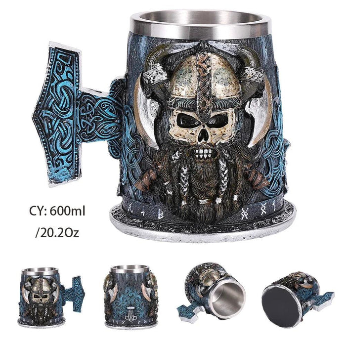 Skull Viking Pirate Resin Steel Tankard - Multi-Purpose Drinking Vessel and Decorative Accent