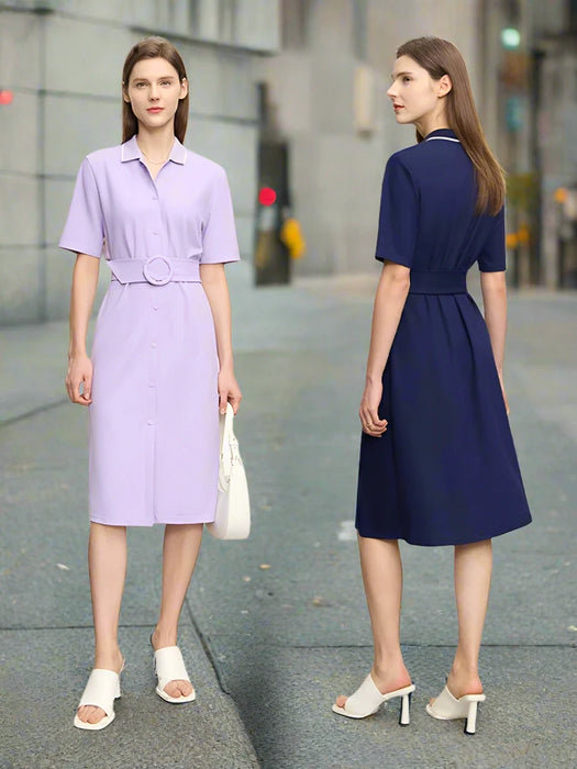 Elegant Minimalist Summer Dress with Belted Waist and Collar for the Contemporary Woman