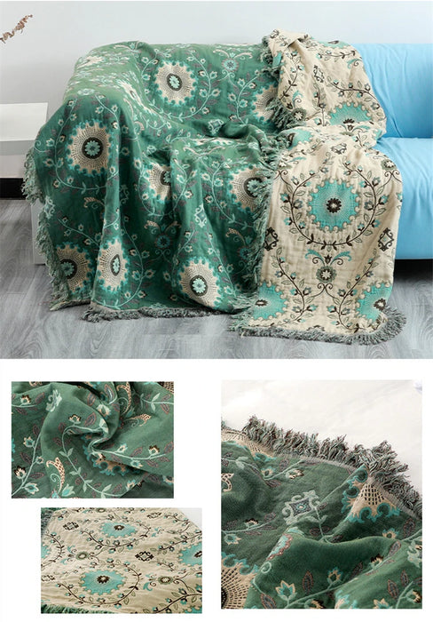 Reversible Jacquard Cotton Sofa Throw Blanket with Non-Slip Design