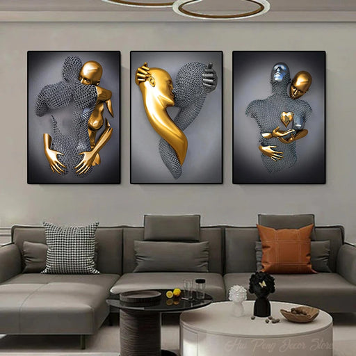 Elegant 3D Love Heart Metal Art Sculpture - Luxe Silver and Gold Print for Stylish Home Decor