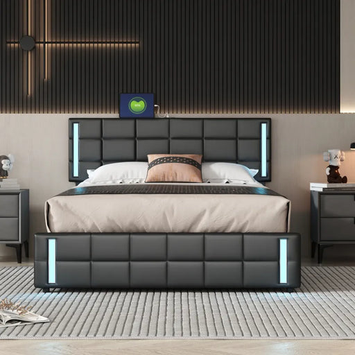 Glamourous Queen Bed with LED Lights, USB Charging, Storage Drawers, and Modern Design