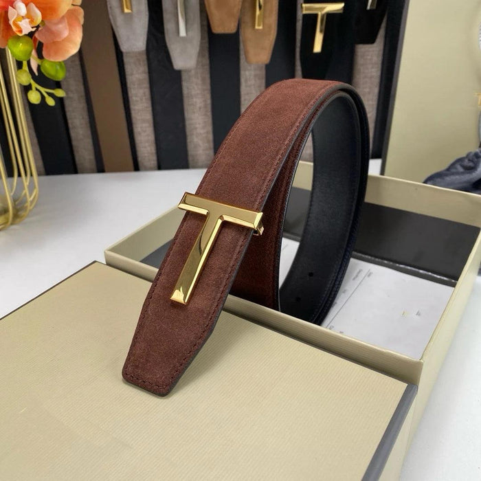 Elegant Grey Leather Belt with Classic Brass T Buckle - A Must-Have for Men