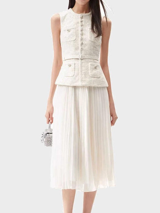 2-Piece O-neck Ensemble with Stylish Waistcoat and Flowing Pleated Skirt