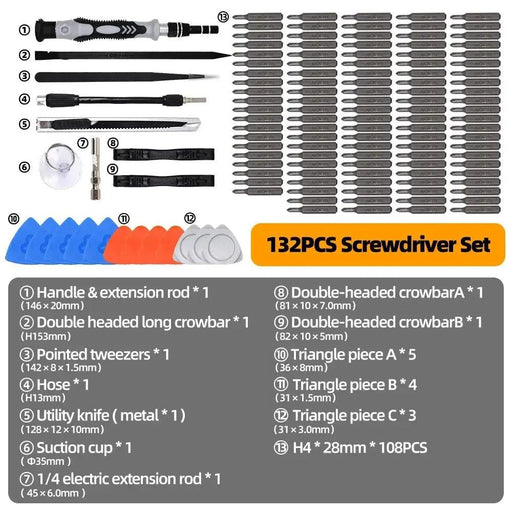 132-Piece Professional Magnetic Precision Screwdriver Set with Chrome-Vanadium Steel Bits and Color-Coded Handles