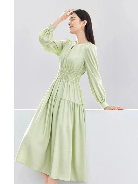 Elegant Light Green Puff Sleeve Midi Dress - Spring Pullover Round Neck for Women 2024