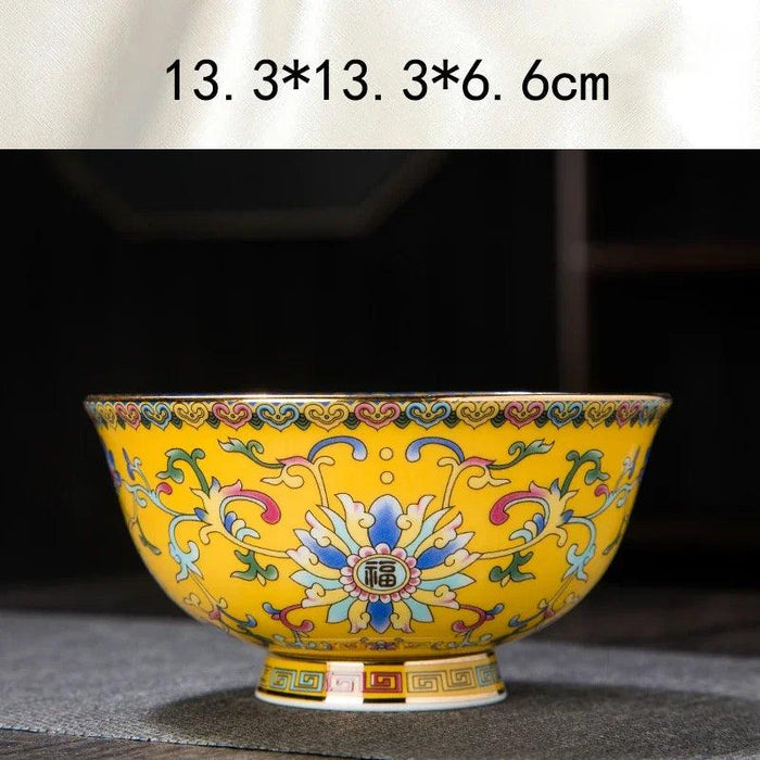 Ornate Chinese Ceramic Salad Bowl Set with Gold Trim - Elegant Enamel Tableware for Stylish Dining