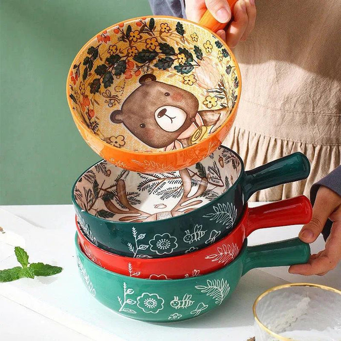 Forest Animal Design Large Ceramic Noodle Bowl with Single Handle - Creative Home and Restaurant Decor