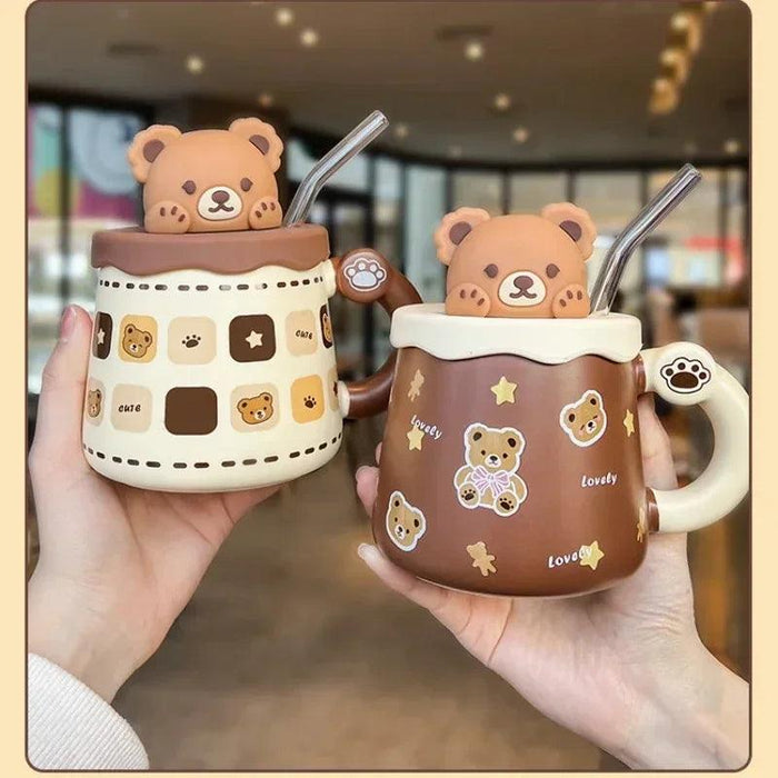 Lovely Bear Ceramic Mug Set with Spoon and Lid - 450ml - Elevate Your Beverage Enjoyment