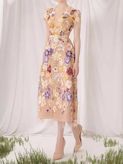 Elegant Summer Evening Dress with Stunning 3D Floral Embroidery and Short Sleeves - 2024 Collection