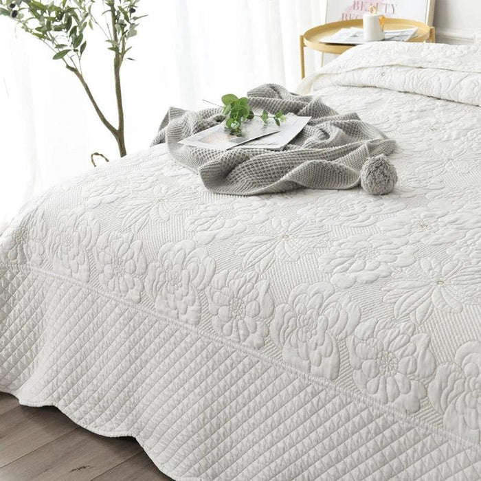 Nordic Elegance Cotton Quilt Set, Embroidered Summer Bedspread, 3-Piece Throw Coverlet