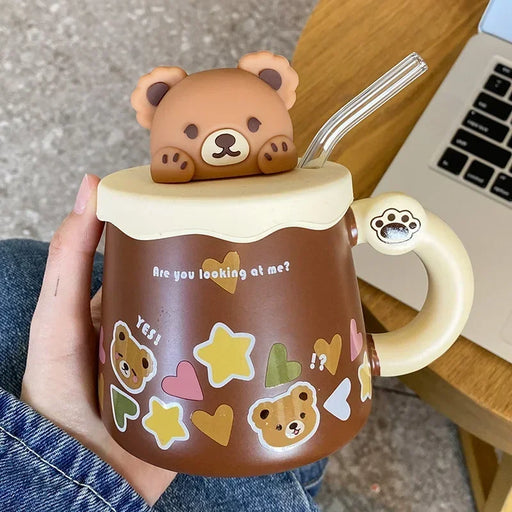 Lovely Bear Ceramic Mug Set with Spoon and Lid - 450ml