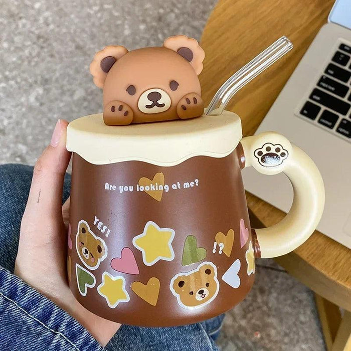 Lovely Bear Ceramic Mug Set with Spoon and Lid - 450ml - Elevate Your Beverage Enjoyment