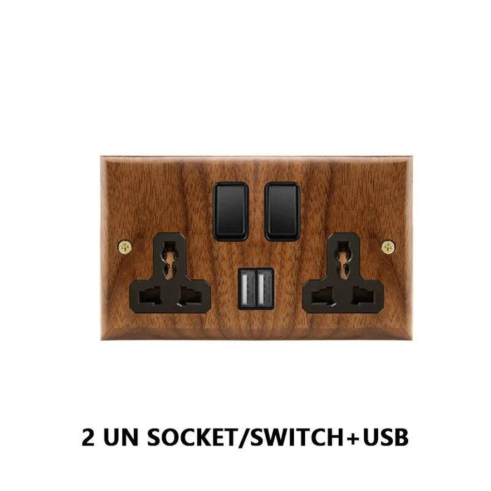 Sleek Black Walnut Electrical Panel with USB Ports, Adjustable LED Ambiance, and Contemporary Toggle Features