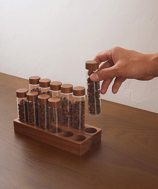 Coffee Lover's Glass Bean Storage Organizer with Walnut Stand - Elegant Kitchen Display
