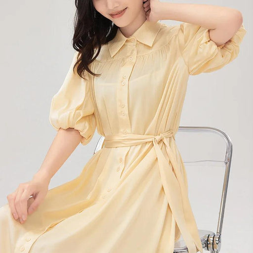 Elegant Summer Silk Dress with Lace-Up Waist - Women's Versatile Solid Dress