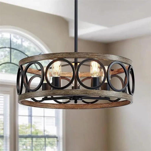 Rustic Farmhouse Circular Chandelier with Wood Grain Finish for Elegant Home and Restaurant Lighting