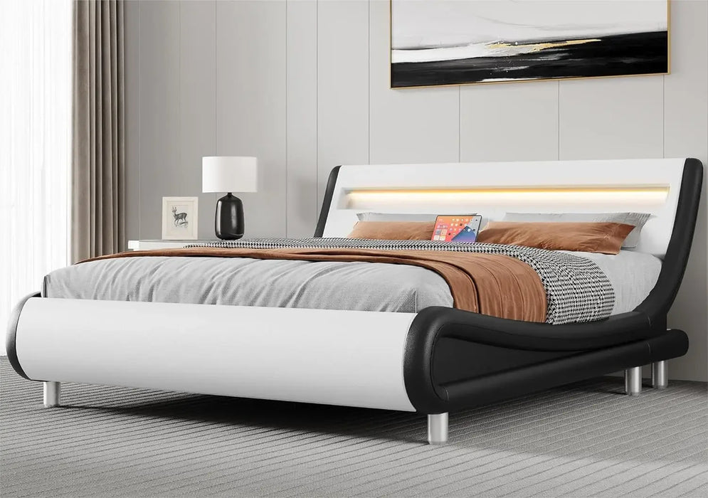 Premium Black King Size Bed Frame with Adjustable PU Leather Headboard - No Box Spring Required