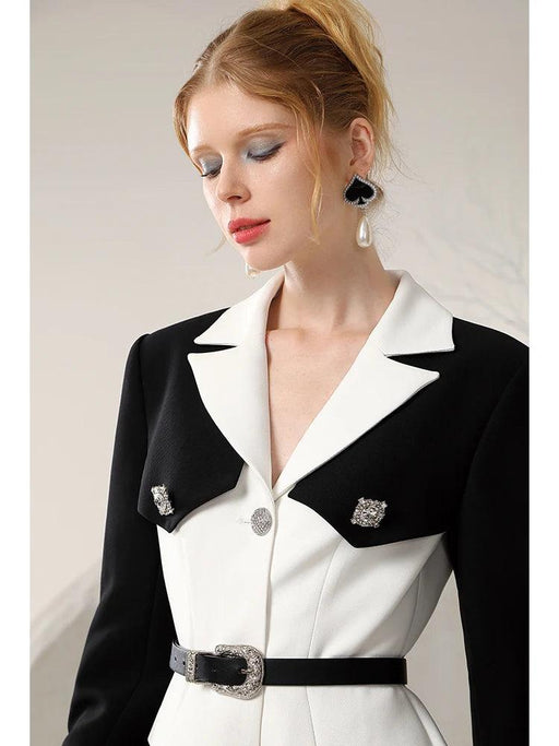 Chic Spring Black and White Business Suit Dress with Niche Waist Design