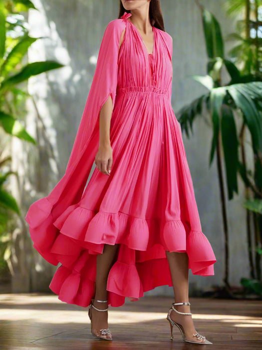 Stylish High Waist Patchwork A-Line Dress for Women - Chic V-Neck, Sleeveless, and Unique Irregular Hem